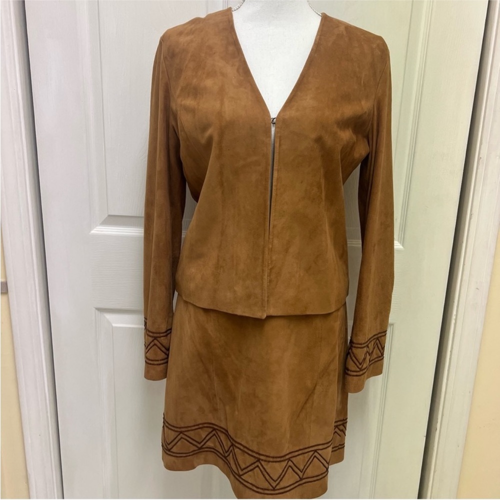 Cache Tan Suede Jacket and Skirt Set